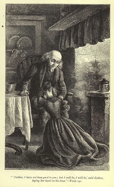 Father, I have not been good to you; but I will be, I will be, said Esther, laying her head on his knee (engraving)