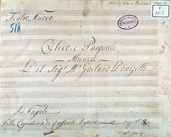 First page of musical score from the opera Olivo e Pasquale