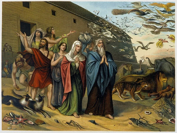 After the flood, Noah, his family and animals come out of the ark - in '