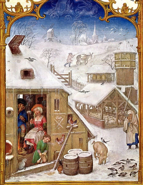 Fol. 2v February: Peasant Life, from Breviarium Grimani, c. 1515 (vellum)