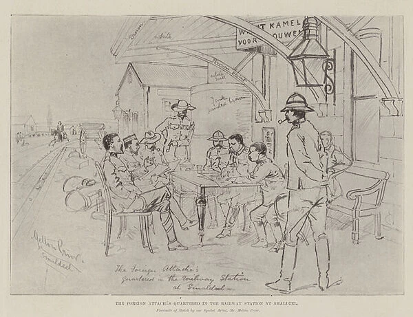 The Foreign Attaches quartered in the Railway Station at Smaldeel (litho)