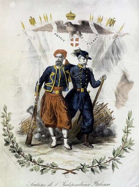 France and Piemont, supporters of Italian independence - coul. engraving, 19th century