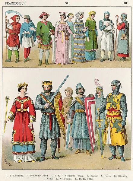 French Dress, c. 1100, from Trachten der Voelker, 1864 (colour litho)