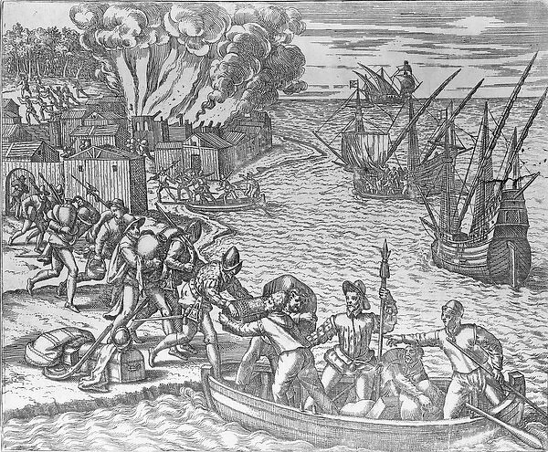 The French Fleet Plundering and Setting Fire to the Town of Chioreram, engraved by Theodore de Bry