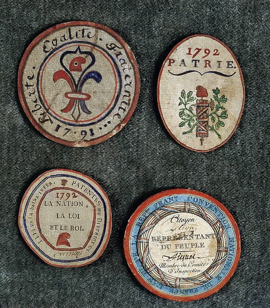 French Revolution: Revolutionary insignia in the colours of France bearing republican
