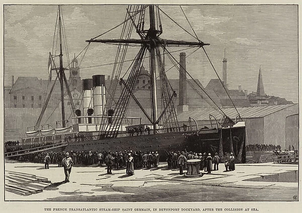 The French Transatlantic Steam-Ship Saint Germain, in Devonport Dockyard, after the Collision at Sea (engraving)