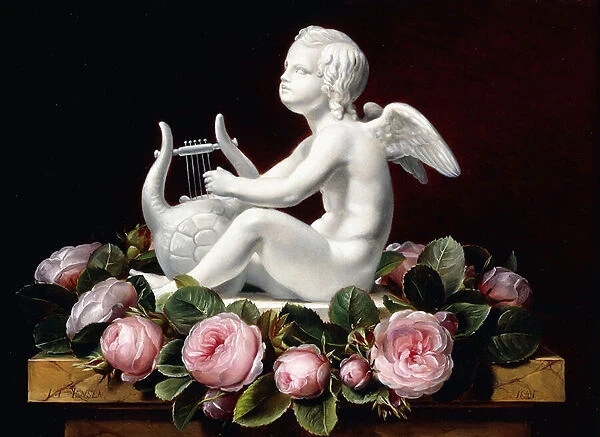 Garland of Pink Roses around Cupid playing a Lyre on a marble ledge, 1841 (oil on panel)
