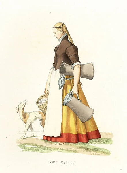 German maid returning from market, 16th century 1867 (engraving)
