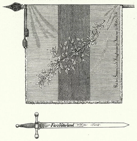 German student fraternity flag and sword (engraving)