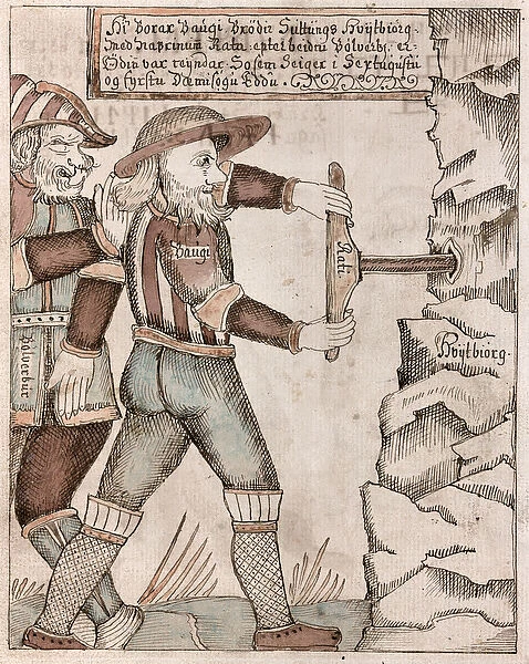 The giant Baugi, persuaded by Odin, drills into his brother, Suttungs underground