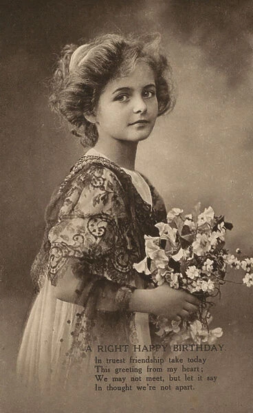 Girl with a posy of flowers and a birthday greeting (b  /  w photo)