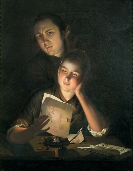 A Girl reading a letter by Candlelight, with a Young Man peering over her shoulder, c
