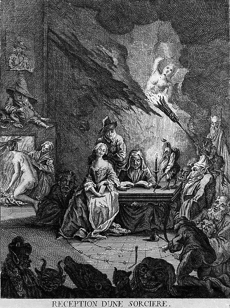 A girl is received by a witch, surrounded by monstrous creatures