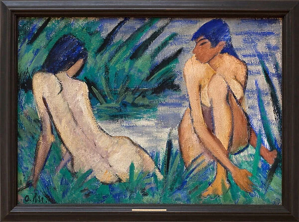 Two girls in the reeds. Painting by Otto Mueller (1874-1930), detrempe on burlap