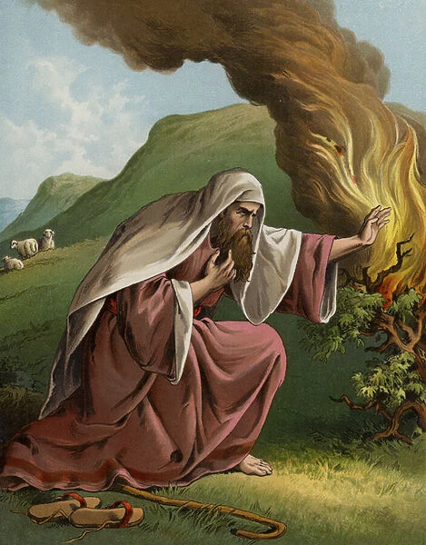 God appearing to Moses in the burning bush (chromolitho)