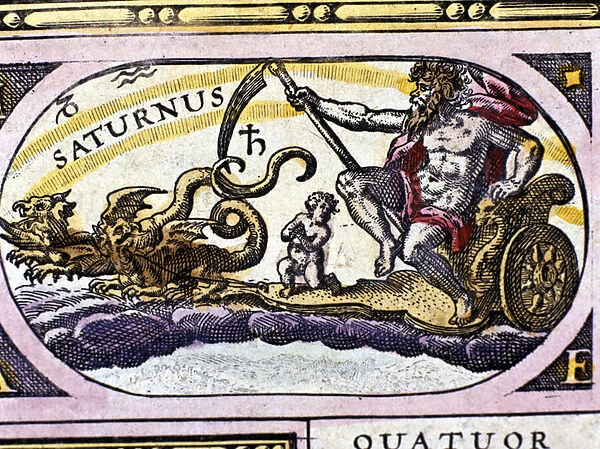 The God Saturn (Cronos) on a tank drawn by two dragons