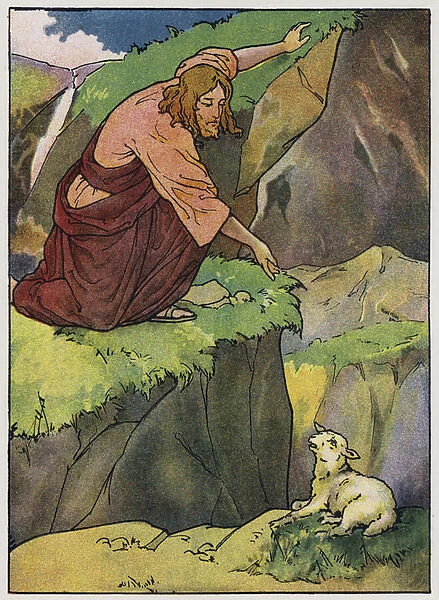The good shepherd finds the lamb (colour litho)