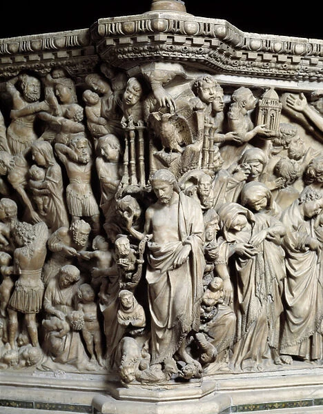 Gothic Art: Jesus crushes the vices, detail of reliefs of Pulpit, 1265-1268