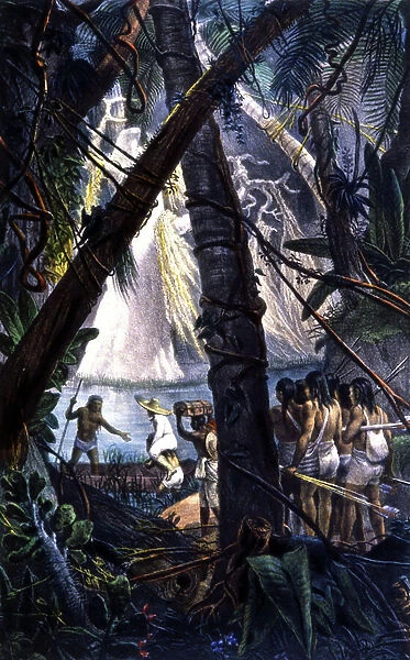 Goyana indians in the amazonian forest. Lithography 1839