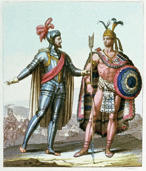 Hernan Cortes meeting Montezuma II in 1519, 19th century (print)