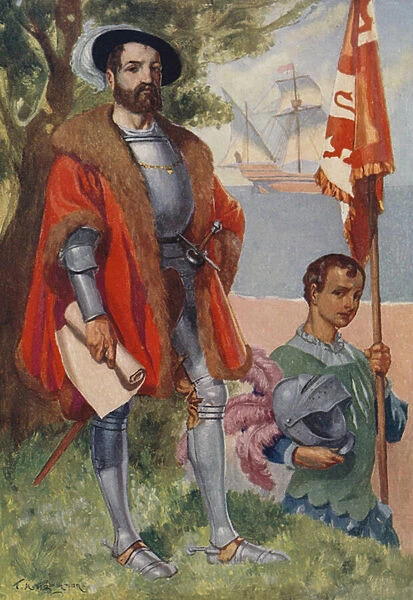 Hernan Cortes, Spanish conquistador (colour litho)