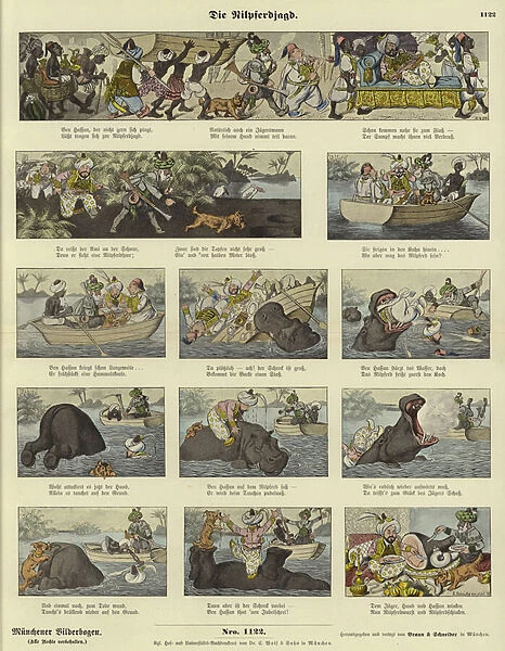 The Hippopotamus Hunt (coloured engraving)