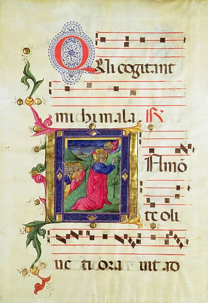 Historiated initial Q depicting the Agony in the Garden (vellum)