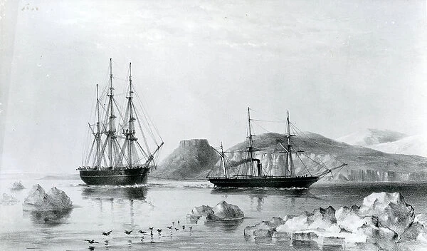 HMS Assistance in Tow of Pioneer passing John Harrow Mount, North Wellington Channel in 1853