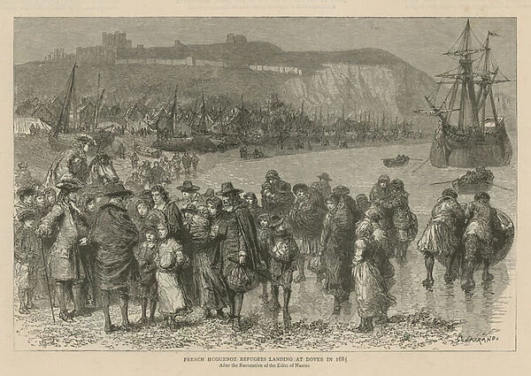 The Huguenots in England: French Huguenot refugees landing at Dover in 1685 (engraving)