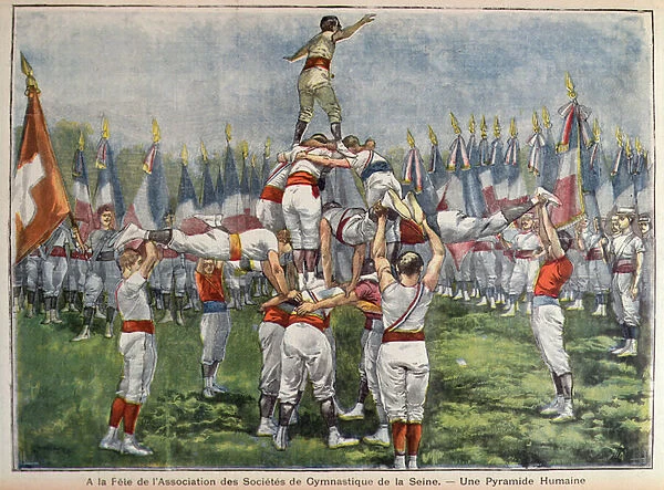 Human Pyramid at a French Gymnastics Festival in the Seine area, 1899 (colour engraving)