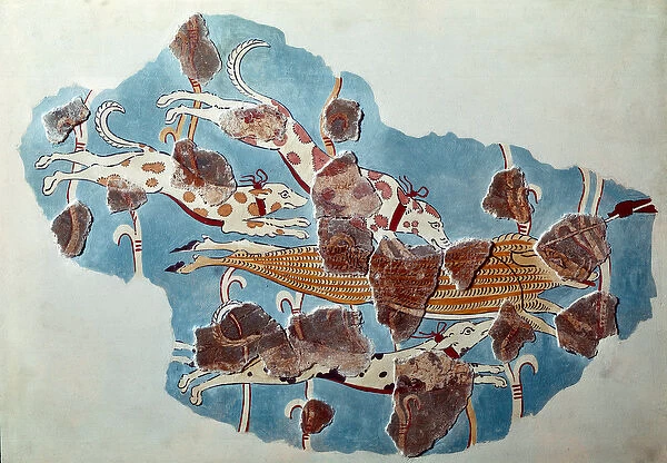 Hunting scene, dogs chase wild boar (fragment) from the palace of Tirynthe