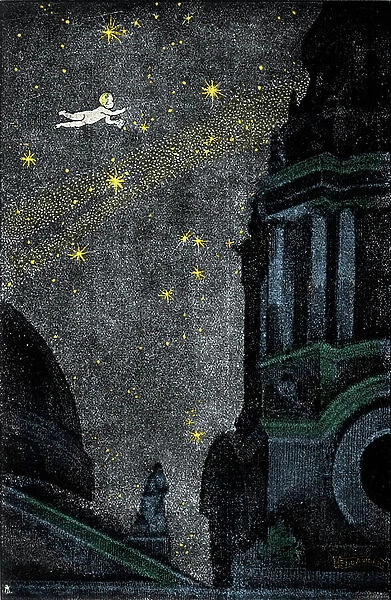 Illustration for the novel 'Peter Pan'by Sir James Matthew Barrie (JM or J. M. Barrie, 1860-1937) depicting a naked child flying in the sky at night. Drawing by Ezio Anichini (1886-1948)