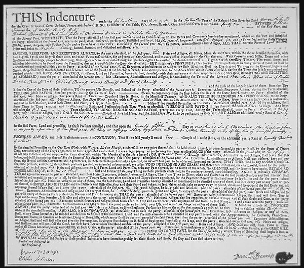 Indentured Servants and Tenants - extract from an Indenture dated 1742 of a tenant