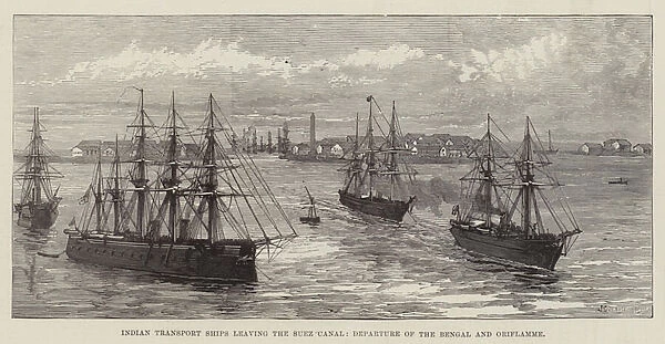 Indian Transport Ships leaving the Suez Canal, Departure of the Bengal and Oriflamme (engraving)