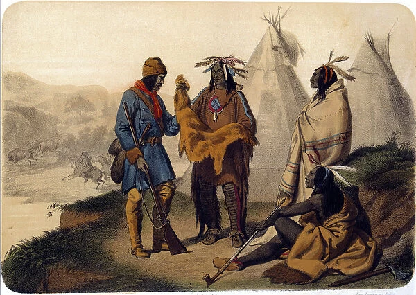 Indians of America: a trapper bartering with Red Skins, they exchange beet skins