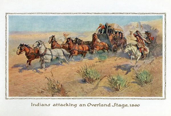 Indians Attacking an Overland Stagecoach in 1860, 1914 (screen print)
