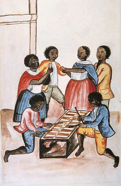 Indians playing marimba (marimbaphone) and dancing, from the book '