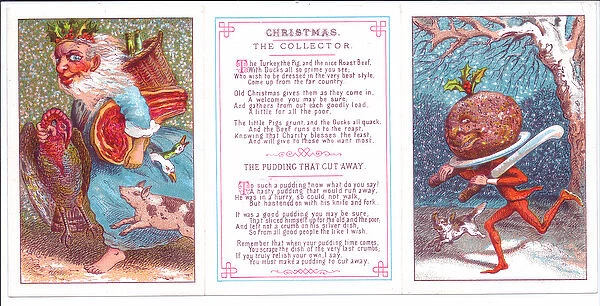 The inside of a Victorian Christmas card with carols and illustrations by Alfred