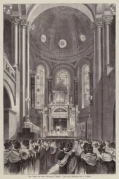 Interior of the new synagogue in Brussels, Belgium (engraving)