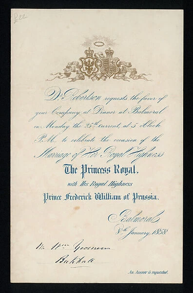 Invitation to a dinner celebrating the marriage of the Princess Royal and Prince Frederick William of Prussia, Balmoral Castle, Scotland, 8 January 1858 (colour litho)