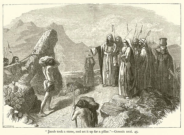 'Jacob took a stone, and set it up for a pillar', Genesis, xxxi, 45 (engraving)