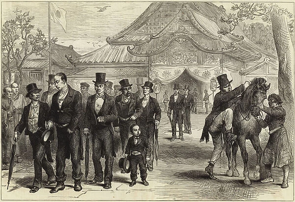 Japanese government officials returning from paying their respects to the Mikado (engraving)