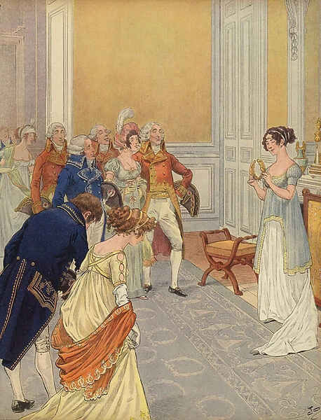 Josephine welcoming guests to the Tuileries Palace (colour litho)