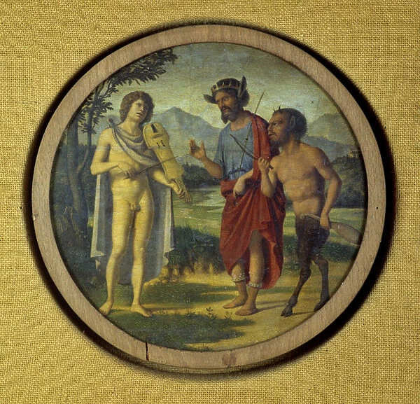 Keyboard instrument cover with illustration depicting Apollo (with lyre) and Marsyas