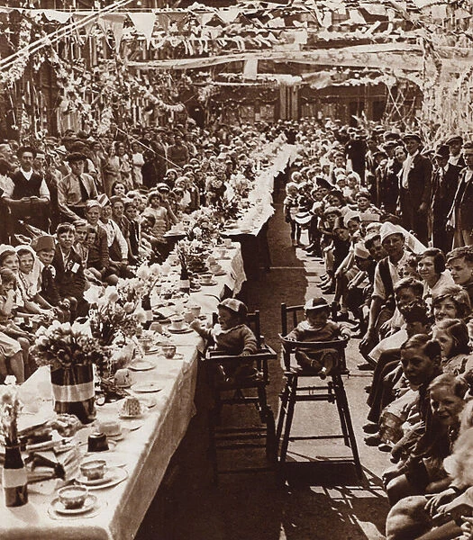 King George V Jubilee Tea Party for Children, 1935, in Orville Road, Battersea, London (b  /  w photo)