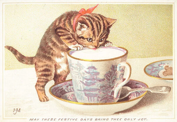 Kitten drinking out of tea-cup, Christmas Card (chromolitho)