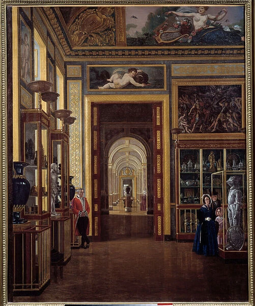 La salle des bijoux au Louvre et enfilade des salles Charles X. Painting by Joseph Auguste (19th Century), 1835. Oil on canvas. Dim: 1. 00 x 0. 80m. - The jewelry Room of the Louvre and Charles Xs adjoining rooms