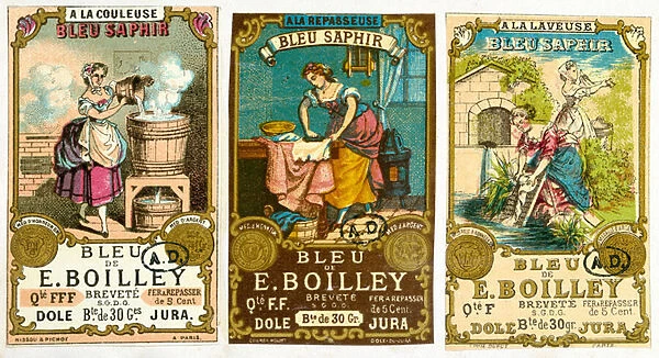 Three labels for the Bleu de E. Boilley brand of washing powder