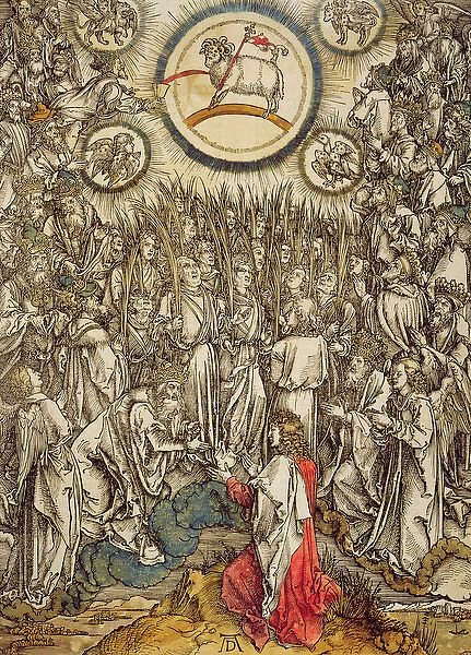 The Lamb of God appears on Mount Sion, 1498 (colour woodcut)