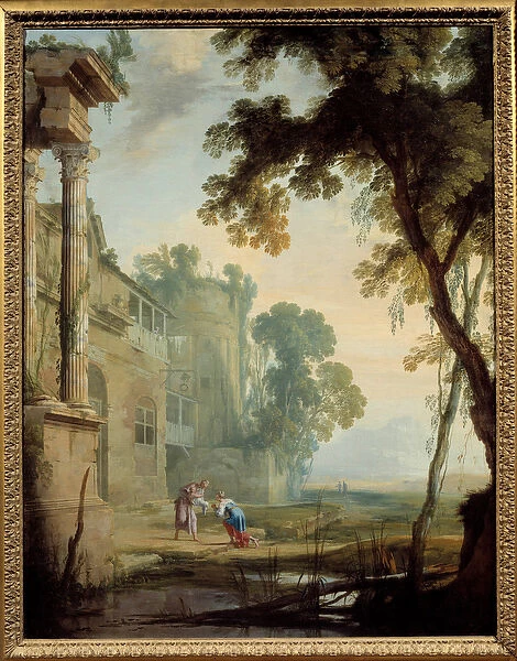 Landscape consists: a woman an old man and a child in a landscape of Roman ruins with